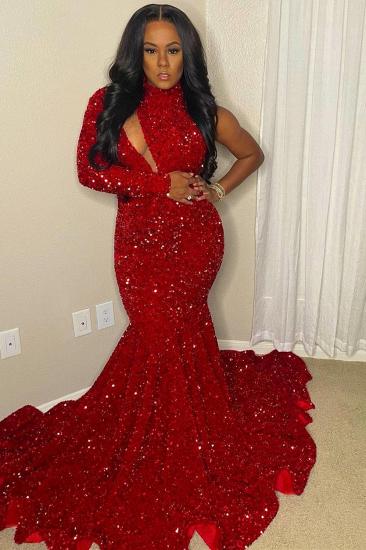 Red Sexy One Sleeve Off Shoulder High Neck Mermaid Floor Length Ball Gown