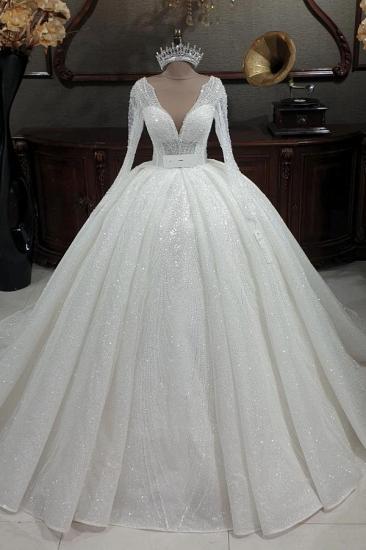 Gorgeous Sequined Gown | V-Neck Long Sleeve Wedding Dress