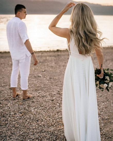 Simple beach V-neck white wedding dress_2