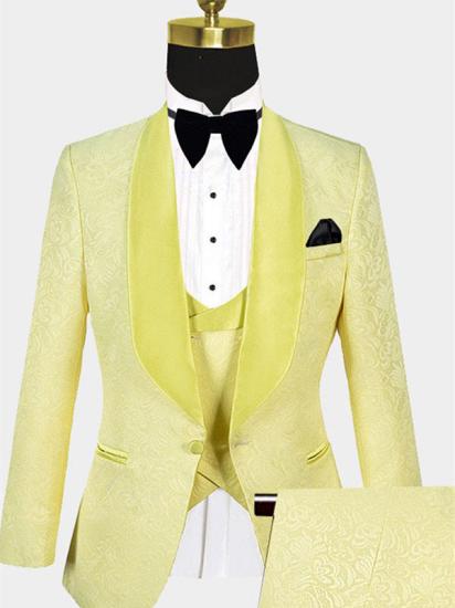 Yellow Jacquard Three-piece Suit One Button Men's Suit | Shawl Lapel Tuxedo