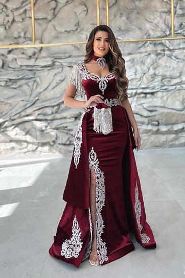 Velvet Burgundy Lace Long Shoulder Strap Tasse l Evening Gown