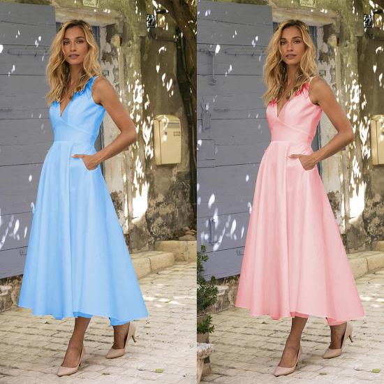 Chic Satin V Neck Tea Long Sleeveless Evening Gown With Side Pockets Everyday Wear Gown_3