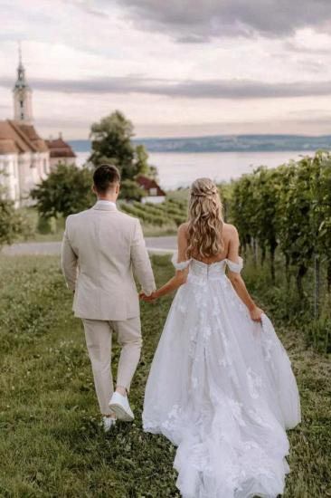Off the Shoulder Inexpensive A-Line Lace Wedding Dresses | Boho Wedding Dresses_9