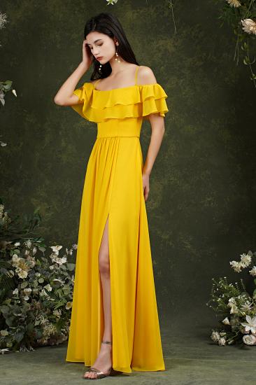 Bridesmaid Dress Yellow Off-shoulder Flanged One Line Shoulder Slit Dress_3