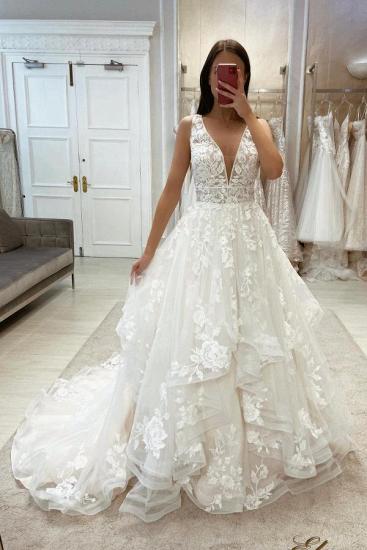 V-Neck A Line Lace Cream Wedding Dress