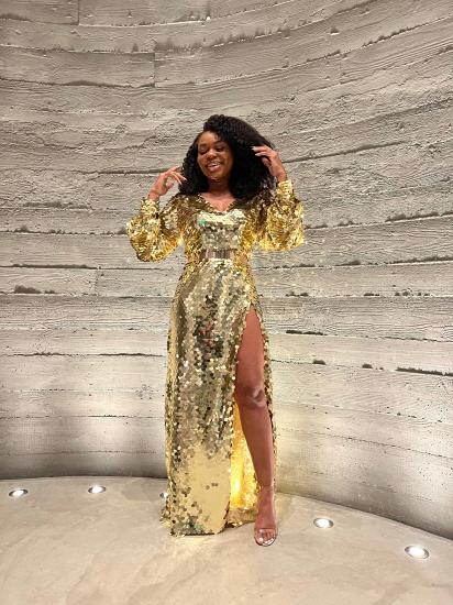 Sexy sequins high split long-sleeved party gown | sparkle ball gown_9