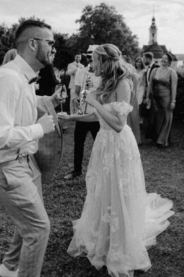 Off the Shoulder Inexpensive A-Line Lace Wedding Dresses | Boho Wedding Dresses_8