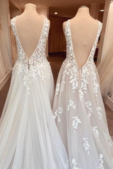Lace V-neck wedding dress with wide shoulder straps | simple tulle wedding dress_5