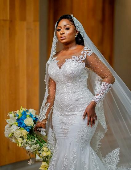 Gorgeous Long Sleeve Pearl Lace Applique Mermaid Wedding Dress
