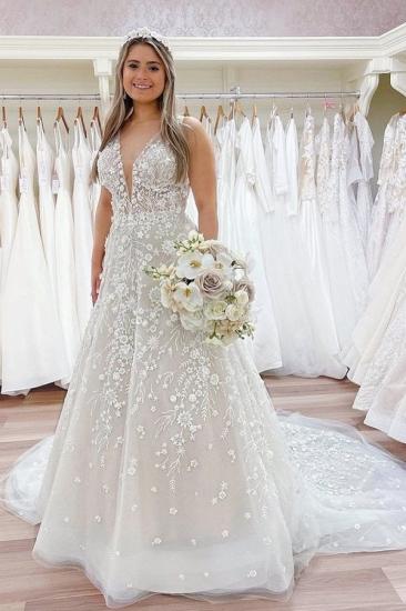 Romantic Lace A-Line Spaghetti Strap Long Wedding Dress with flowers
