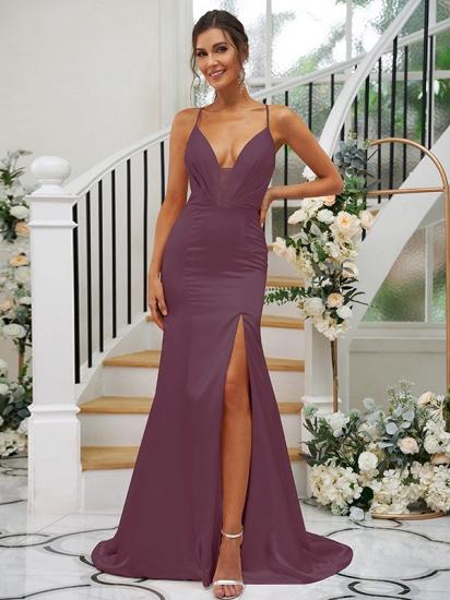 Pink Simple V-Neck Straps Side Slit Evening Dresses_37