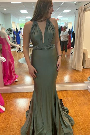 Wide Strap Halter Neck Floor Ruffle Mermaid Ball Gown | Sexy Deep V Neck Ball Gown_6