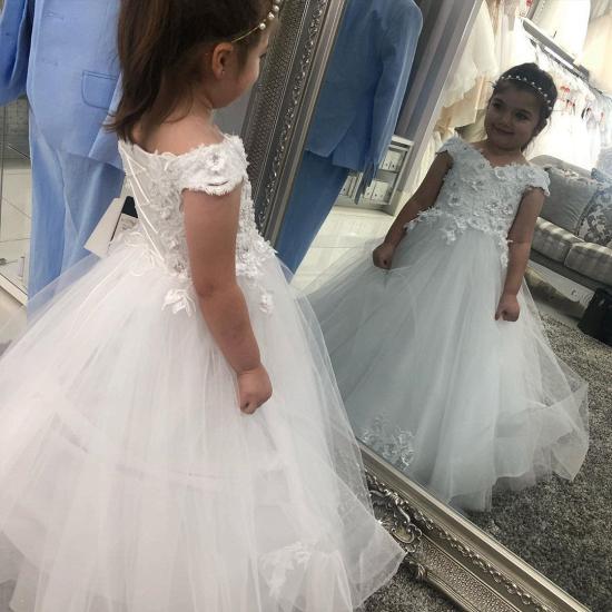 White Off-shoulder Short Sleeve Lace Three-dimensional Flower Girl Dress_2
