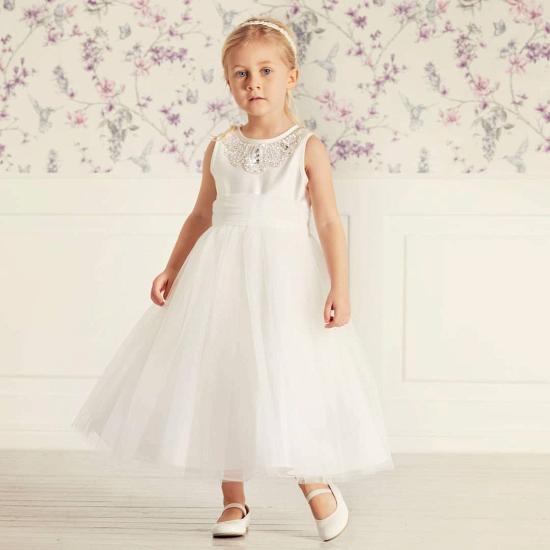 White Simple Beaded Tulle Flower Girl Dress Beauty | Little Girl Dress_4