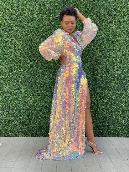 Sexy Sparkling Sequins Side Split Ball Gown | Long Sleeve Evening Dress_2