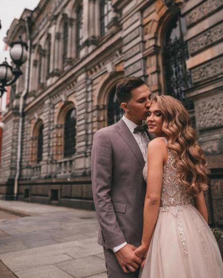 Bohemian Side Slit Long V Neck Tulle Wedding Dress | High Waist Lace Wedding Dress_2