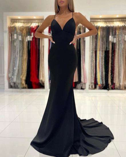 Simple Black Spaghetti Strap V Neck Mermaid Evening Dress | Cheap Long Prom Dresses_3