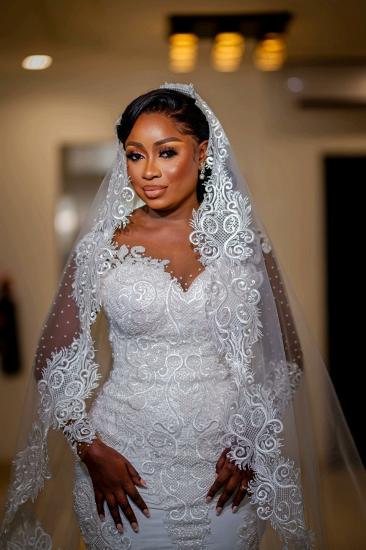 Gorgeous Long Sleeve Pearl Lace Applique Mermaid Wedding Dress_6