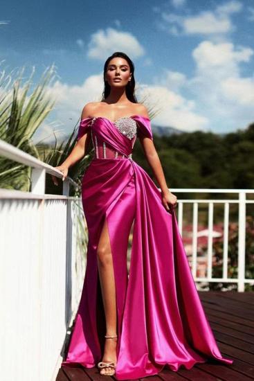Mermaid Off-The-Shoulder Trailing Slit Satin Prom Dresses_3