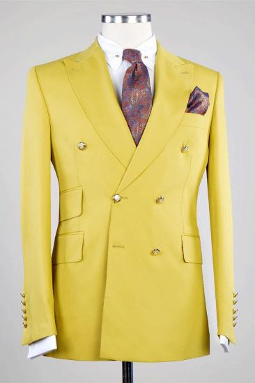 Unique Yellow Peaked Lapel Double Breasted Two Pieces Men Suits