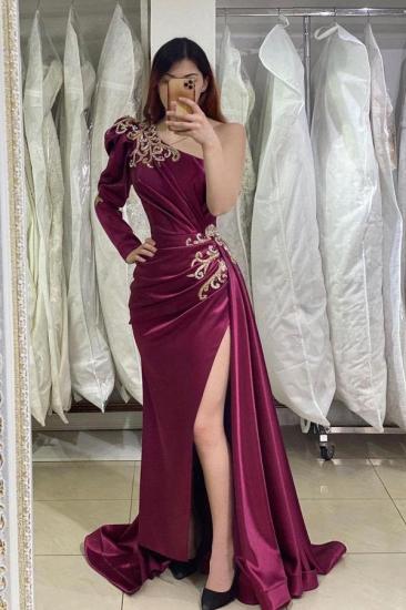 Designer Off-Shoulder Slit Evening Gown | One Sleeve Ball Dress