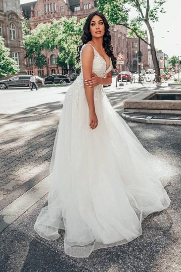 Simple V-neck and floor-length sleeveless ruffle wedding dress | A-line lace wedding dress