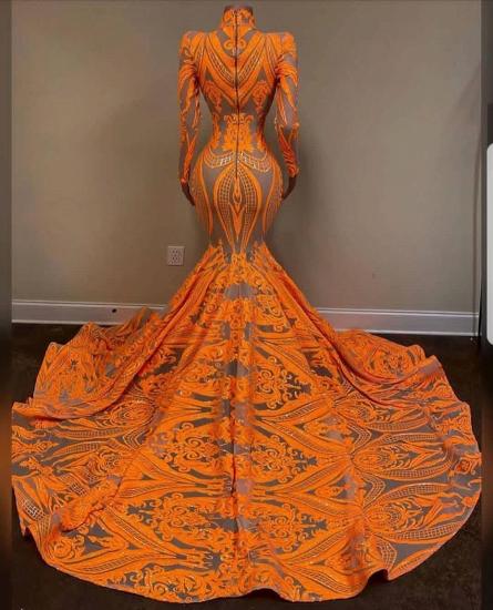 Stunning Orange Turtleneck Long Sleeve Mermaid Ball Gown | Long Sleeve Floor Sweeping Evening Gown_2