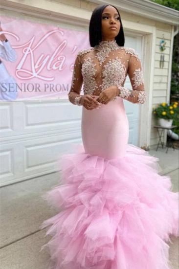 Peach Pink Transparent Lace High Neck Mermaid Ball Dress｜High Neck and Sleeve Evening Gown