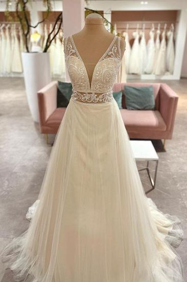 Bohemian style V-neck halter A-line lace and tulle wedding dress