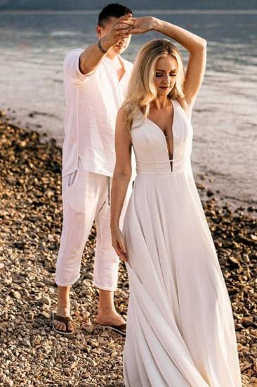 Simple beach V-neck white wedding dress
