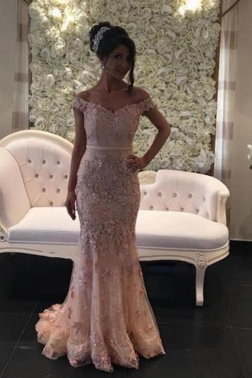 Pink Shoulder and Floor Lace Mermaid Evening Gown | Lace Glitter Ball Dress