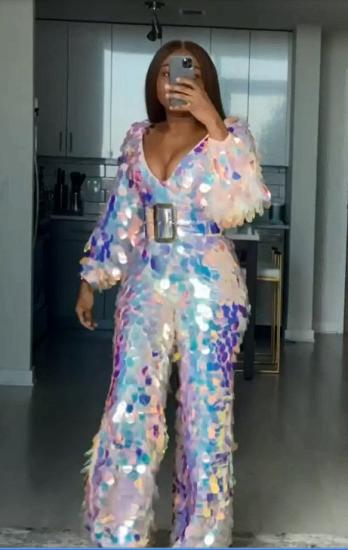 Sparkly Sequined Long-sleeved V-neck Jumpsuit For Women_3