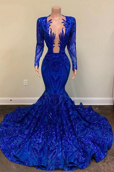 Sexy Long Sleeve Royal Blue V Neck Long Sleeve Mermaid Prom Dress With Sequins