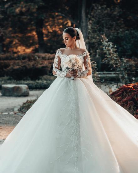 Luxury Bridal A-Line Long Sleeve Lace Princess Wedding Dress_3