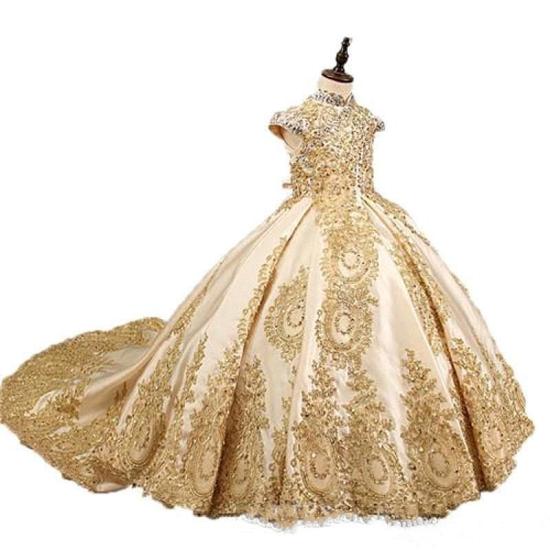 Luxury Gold Ball Train Little Girl Beauty Pageant Dress_4