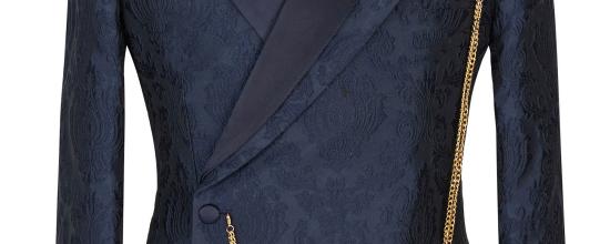 New Arrival Navy Blue Slim Fit Point Collar Wedding Men's Suit | Exquisite Jacquard One Button Suit