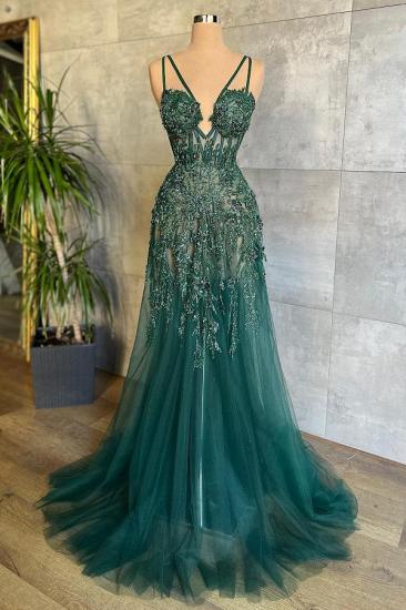 Sexy V-neck Green Lace Prom Dress