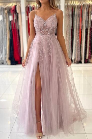 Pink Spaghetti Strap V-neck Tulle Long Slit Evening Dress With Beading_2