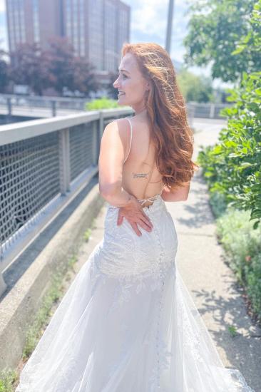 Sweetheart Spaghetti Appliquéd Lace and Tulle Long Mermaid Backless Wedding Dress_2