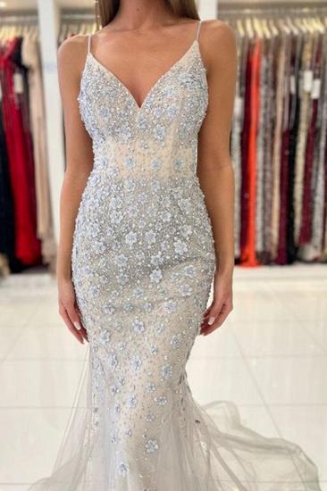 Sexy V-neck Skinny Strap Lace Mermaid Ball Gown_4