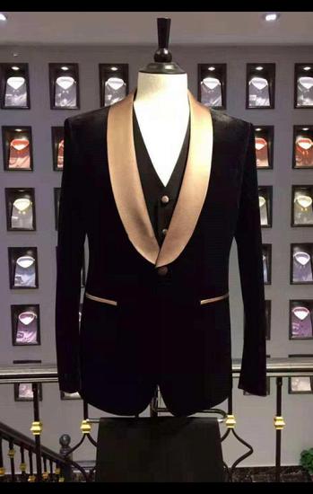 Gold Silk Lapel Men's Suit | Men's Black Three-Piece Wedding Suit