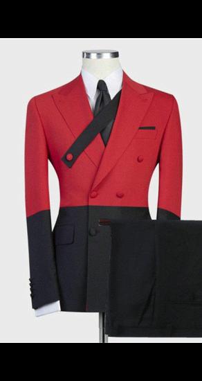 Men's Fashion Double Breasted Peak Collar Suit | Red and Black Colorblock Men's Prom Suit
