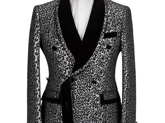 Black Collar Panel Silver Leopard Jacquard Men's Suit | Shawl Lapel Double Breasted Wedding Suit